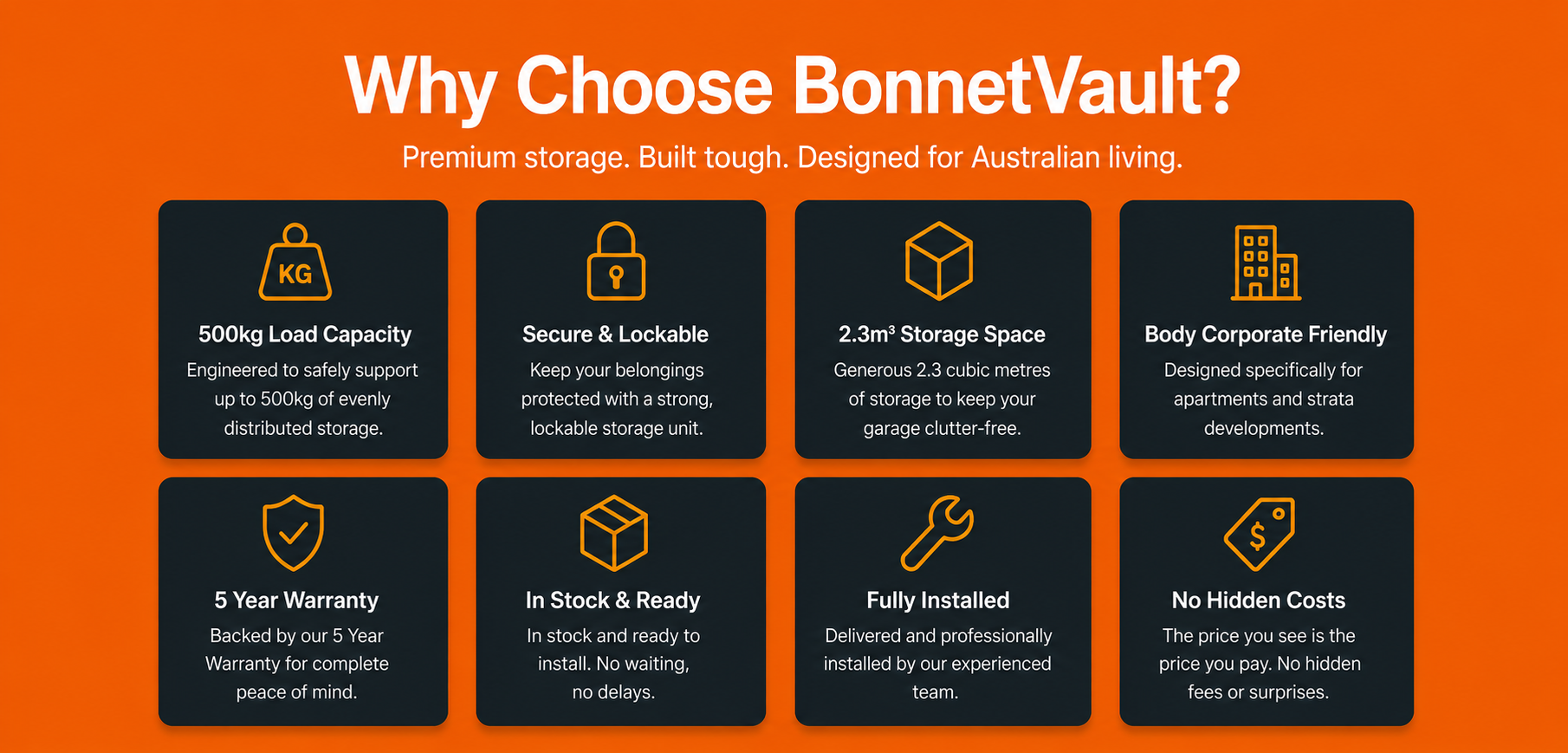 BonnetVault over bonnet storage cabinet for apartment car parks in Brisbane.