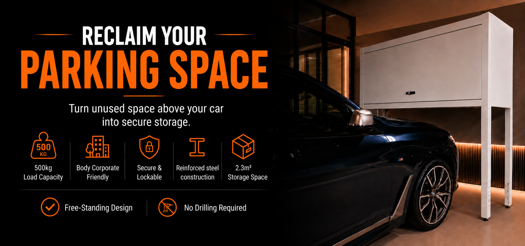 BonnetVault over bonnet storage cabinet installed above a car in an apartment garage.